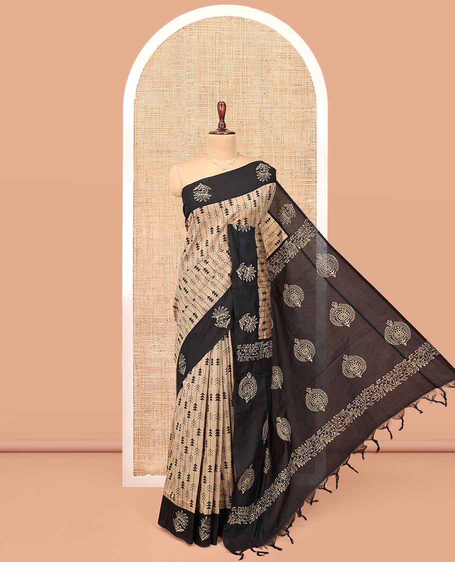 Sandal Poly Cotton Saree, Bedecked with Arrow-Stripes Print, a Contrast Printed Border, Unique Motifs Printed Pallu, and a Contrast Blouse