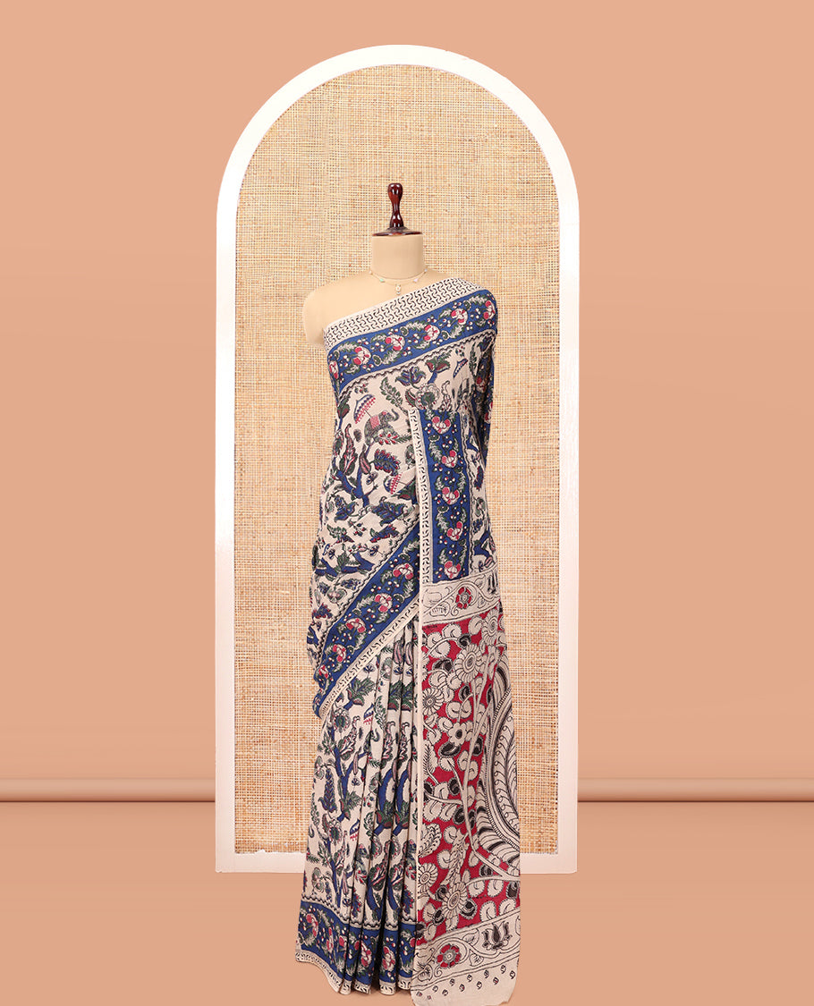 Sandal Kalamkari Cotton Saree, Elevated with Animal and Floral Motif Print, Contrast Printed Border, Kalamkari Peacock Motifs Pallu, and a Matching Blouse