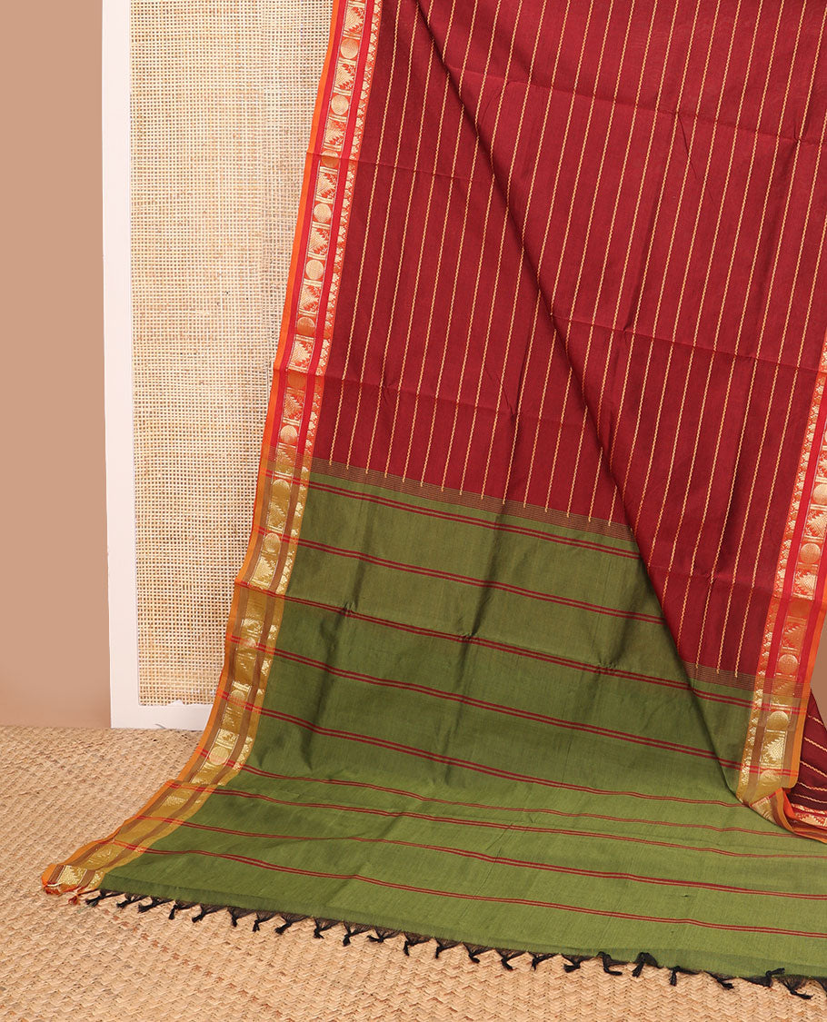Red striped poly cotton saree with self temple design border & striped pallu