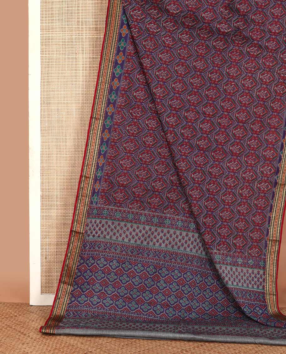 Maroon patola style printed body mul mul cotton saree, contrast traditional motifs thread border, and pallu of intricate print