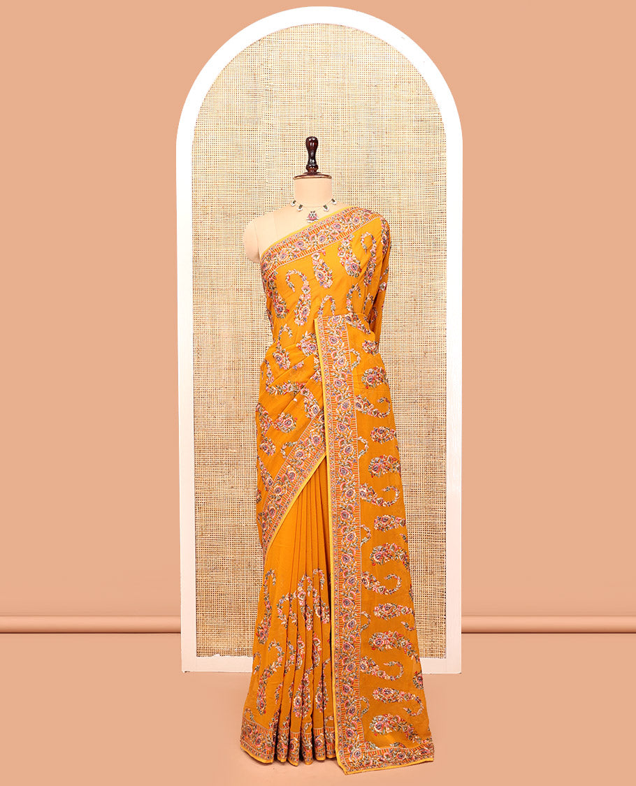 Mustard Georgette Designer Saree Features Color-Thread Paisley Embroidery, a Matching Blouse
