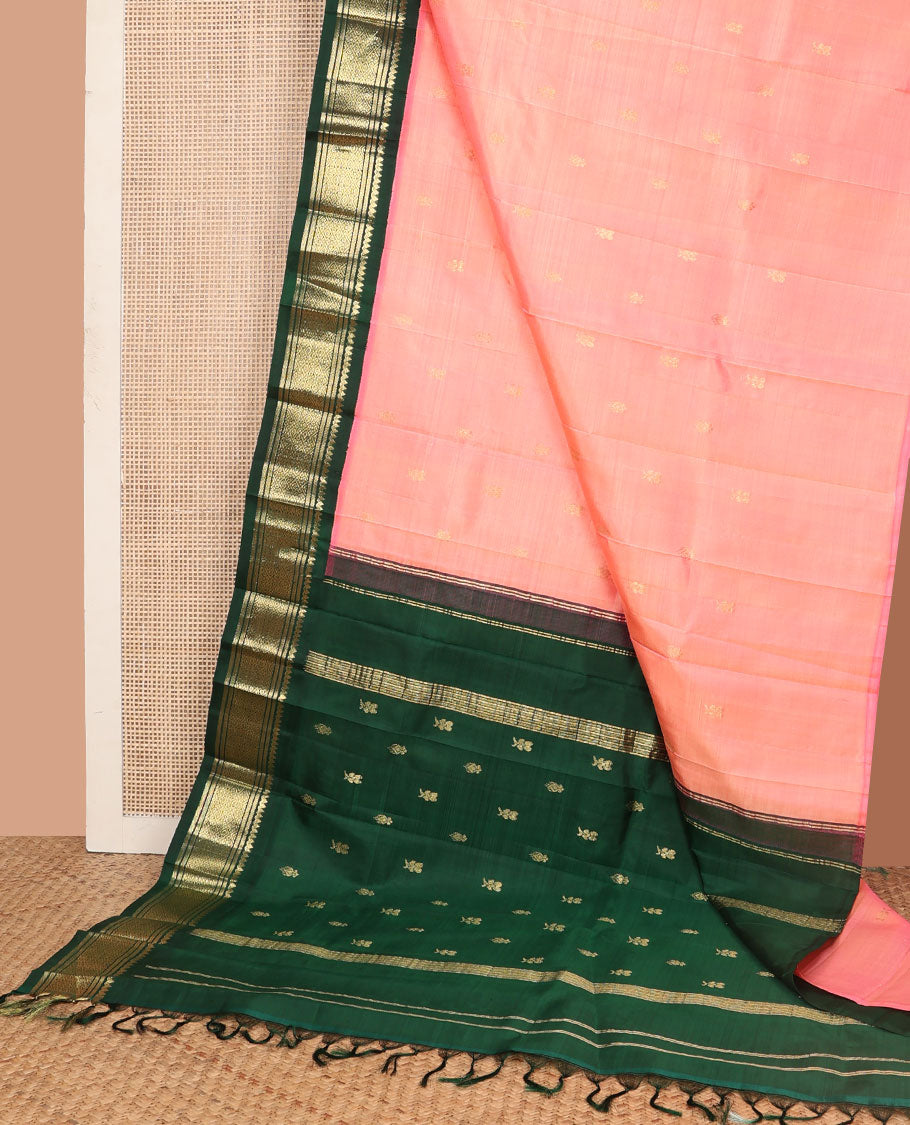 Pink zari buttas Kanchipuram silk saree, contrast one-sided korvai border of salangai, banaras, and jaal designs, and zari design pallu