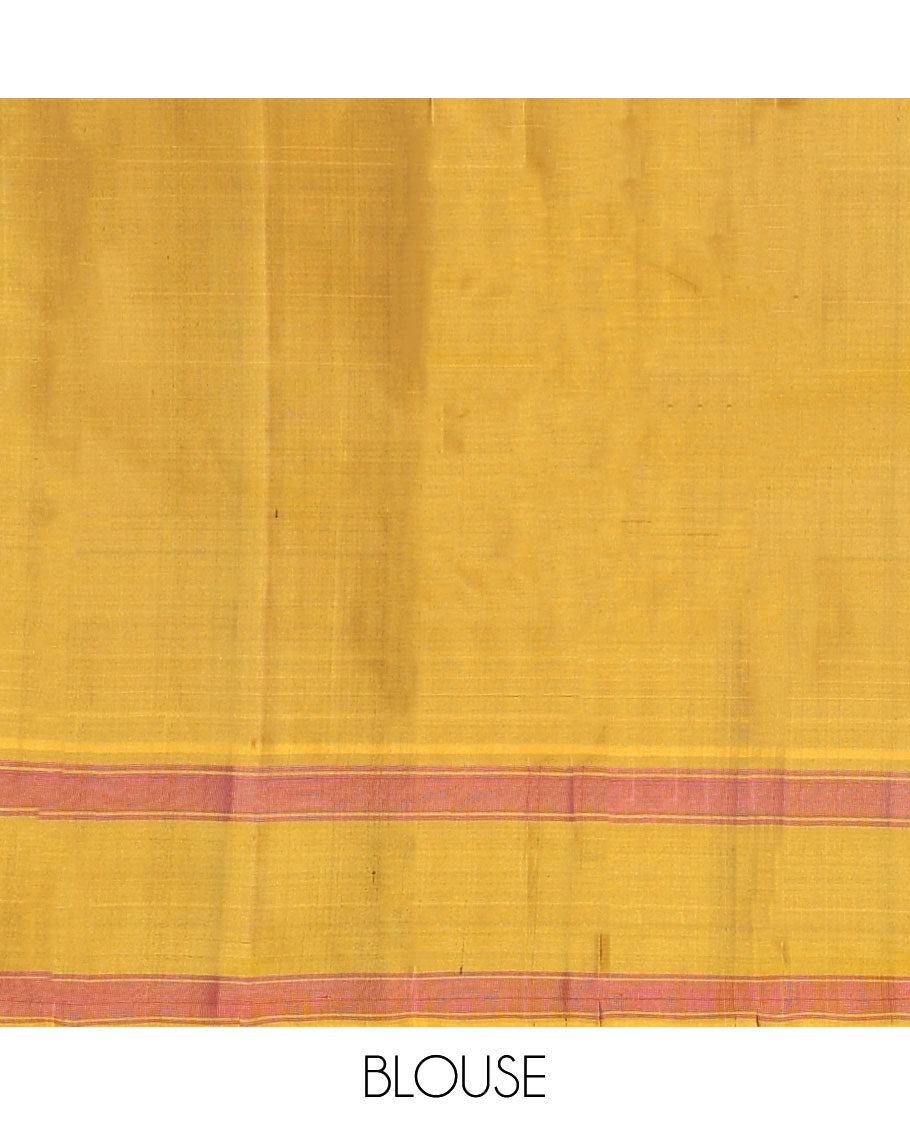 Brown checked Kanchipuram silksaree, contrast lotus design border & pallu of zari stripes