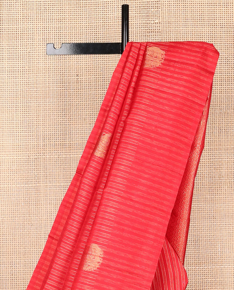 Borderless red striped & mayil buttas Kanchipuram silk saree, self-pallu of thilakam mokku,rudraksham & mayil chakram & intricate pallu