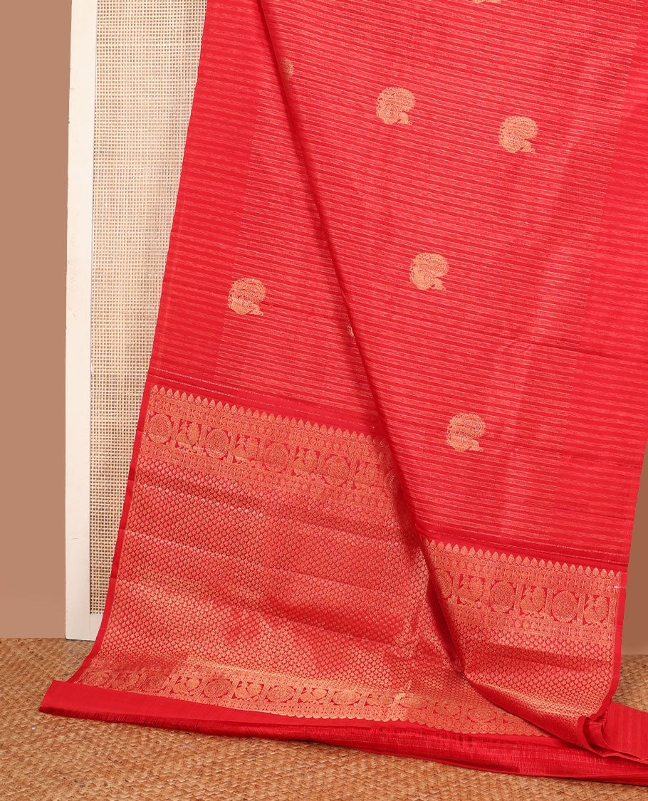 Borderless red striped & mayil buttas Kanchipuram silk saree, self-pallu of thilakam mokku,rudraksham & mayil chakram & intricate pallu