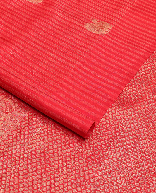 Borderless red striped & mayil buttas Kanchipuram silk saree, self-pallu of thilakam mokku,rudraksham & mayil chakram & intricate pallu