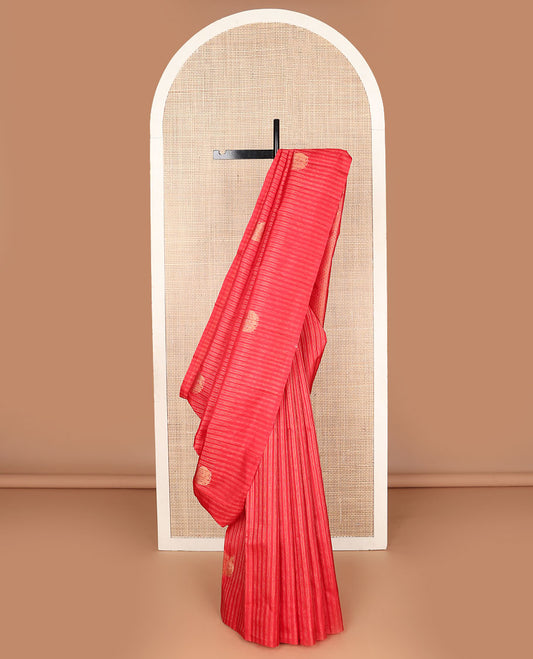 Borderless red striped & mayil buttas Kanchipuram silk saree, self-pallu of thilakam mokku,rudraksham & mayil chakram & intricate pallu