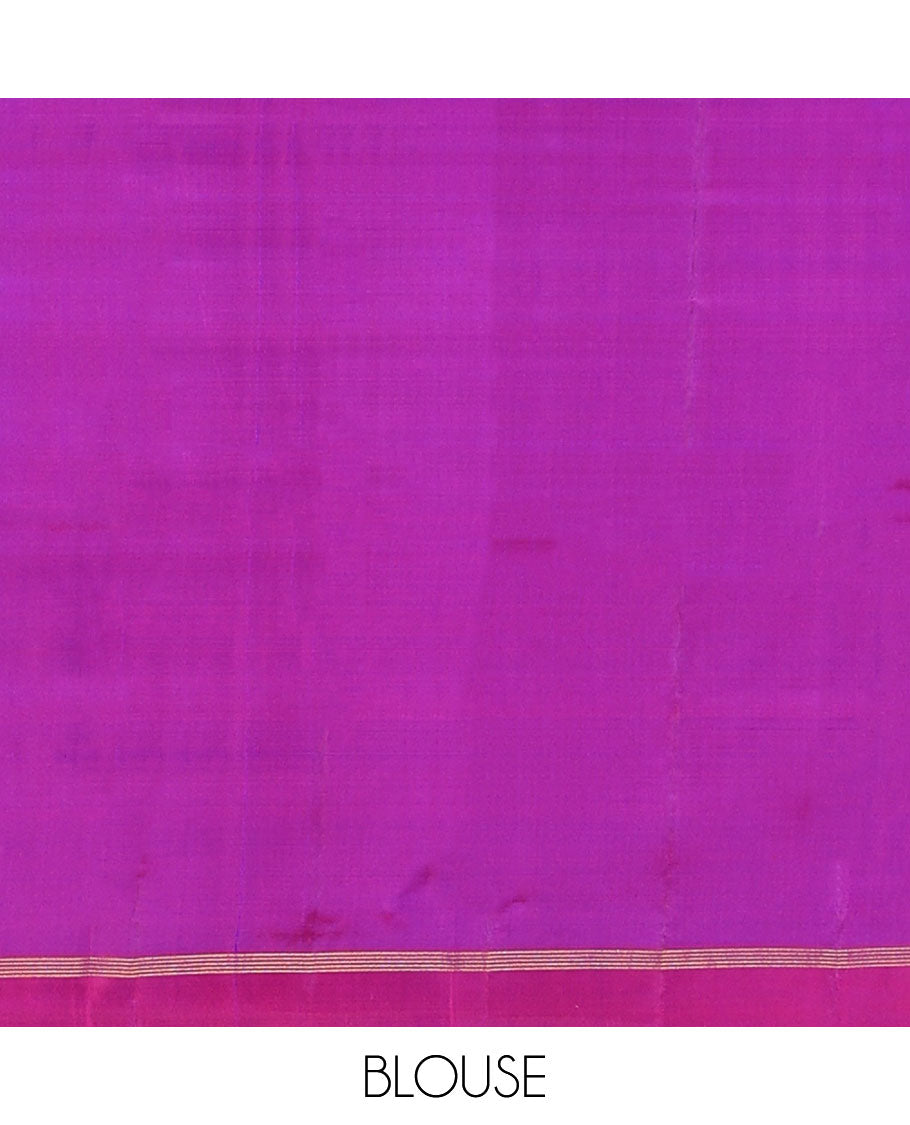 Blue plain design Kanchipuram silk saree, contrast zari striped border & zari striped pallu
