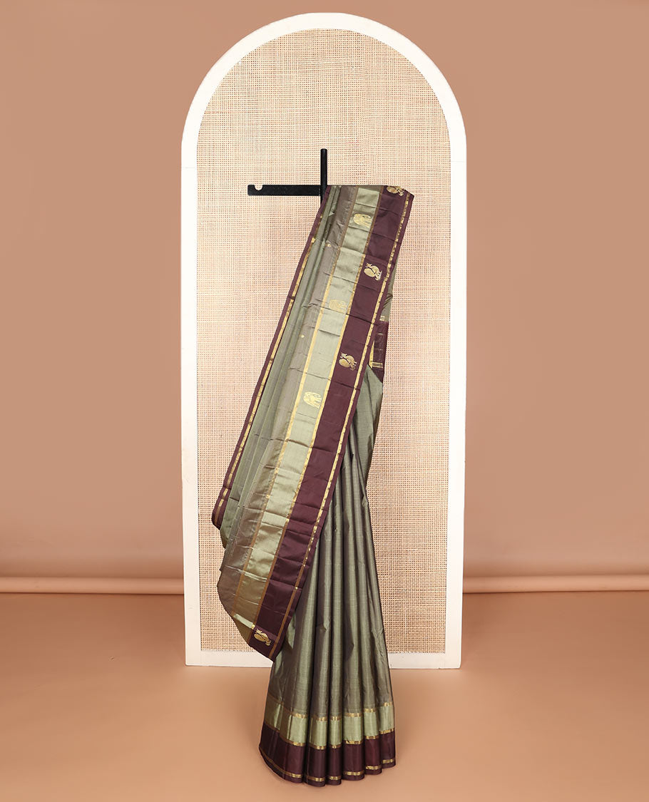 Grey zari buttas silk saree, contrast border of mayil & yaanai designs & zari design pallu
