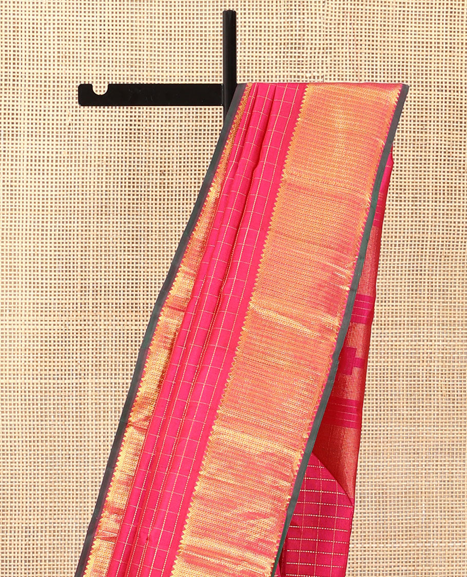 Pink zari checked Kanchipuram silk saree, zari border of rekku, banaras, and kamalam designs, and thazampoo rekku design pallu