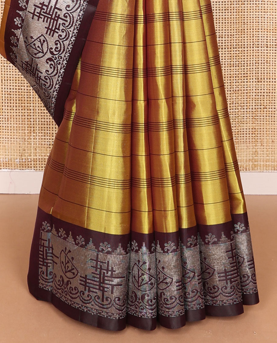 Mustard striped mayuri soft silk saree with contrast floral design border & geometric design pallu