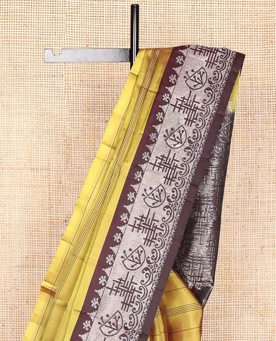 Mustard striped mayuri soft silk saree with contrast floral design border & geometric design pallu