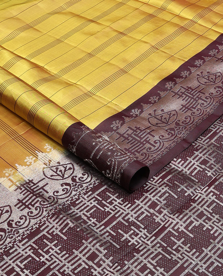 Mustard striped mayuri soft silk saree with contrast floral design border & geometric design pallu