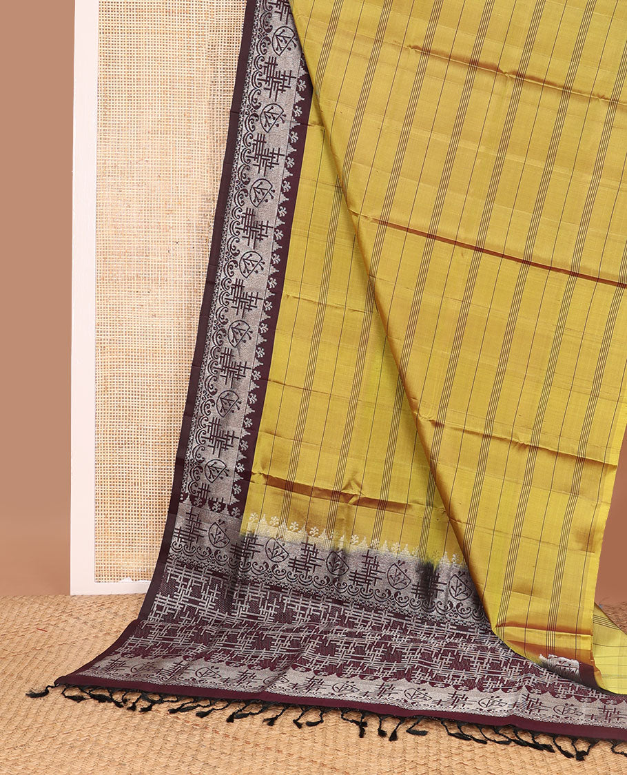 Mustard striped mayuri soft silk saree with contrast floral design border & geometric design pallu