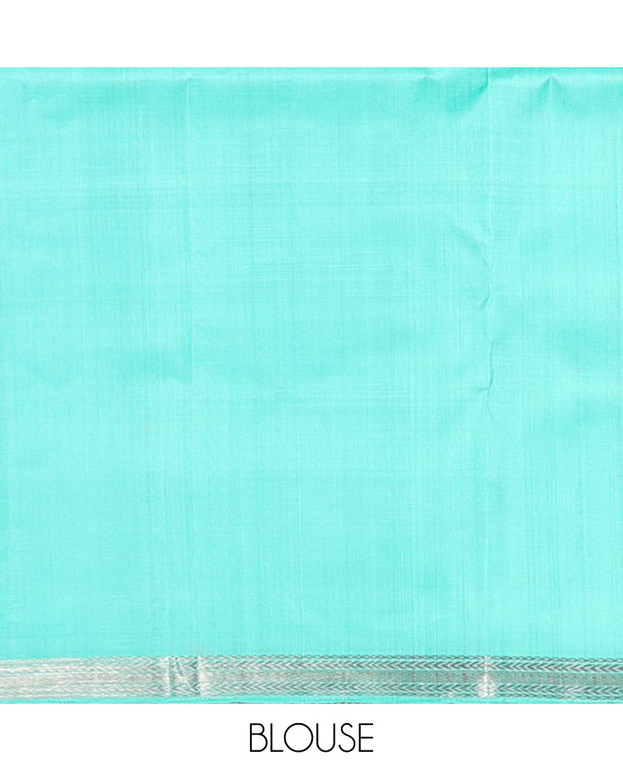 Turquoise zari design soft silk saree, zari border of kathir designs, and zari-rich pallu