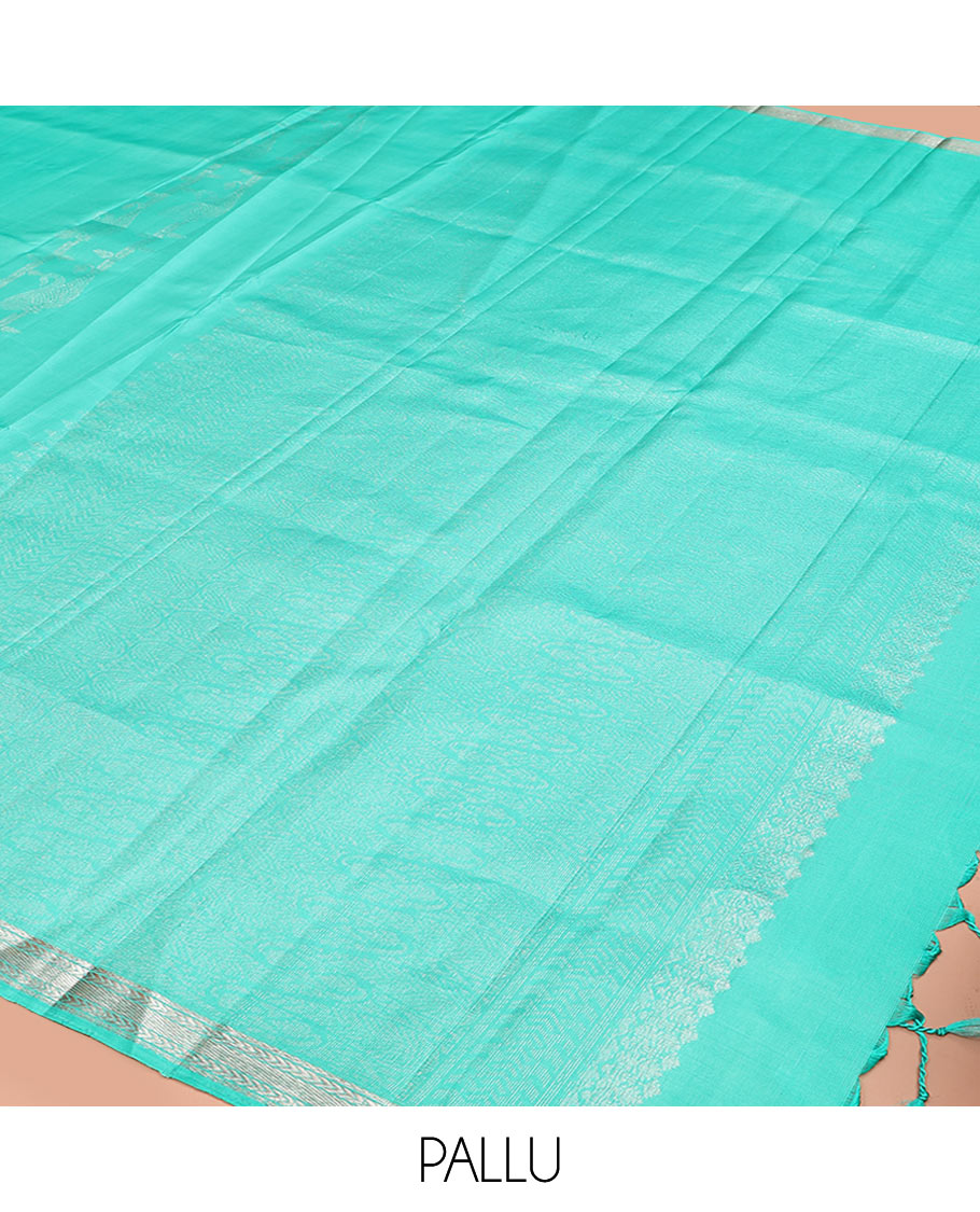 Turquoise zari design soft silk saree, zari border of kathir designs, and zari-rich pallu