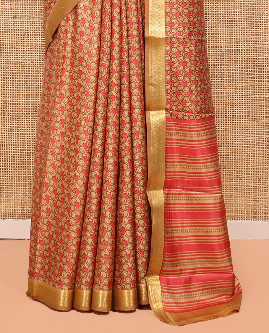 Mustard Printed Silk Saree, Steeped with Paisleys, a Traditional Zari Border, Geometric Patterned Pallu, and Matching Blouse