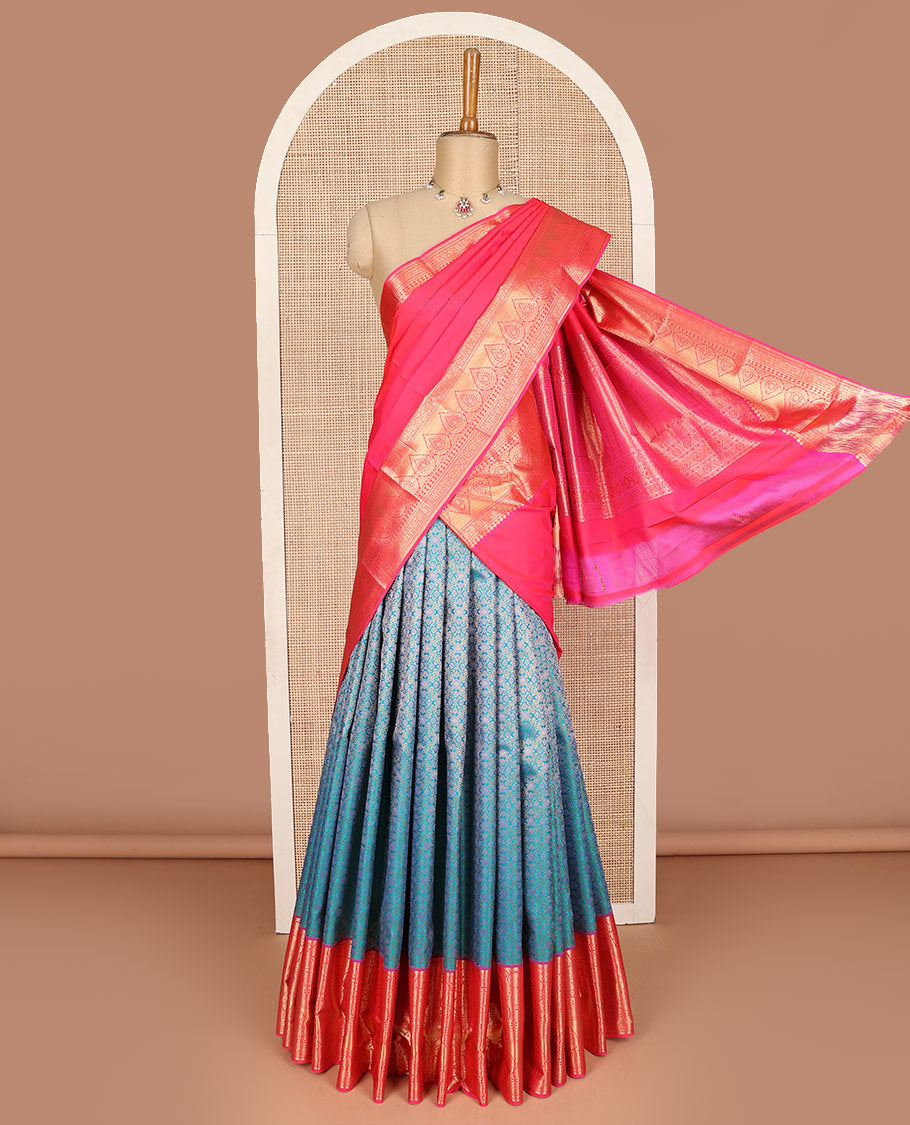 Peacock blue pure silk half-saree, jacquard skirt, contrast traditional zari border, matching zari blouse, and zari design dhavani