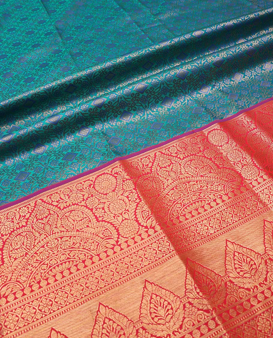 Peacock blue pure silk half-saree, jacquard skirt, contrast traditional zari border, matching zari blouse, and zari design dhavani