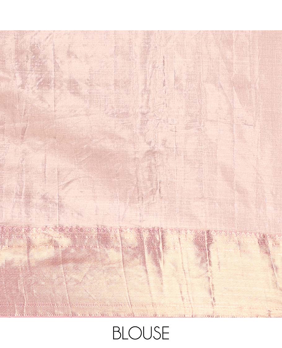 Pink jacquard with embroidered tissue silk saree, colorful jungle-theme flora-fauna mixed embroidered scallop border, and geometric patterned pallu