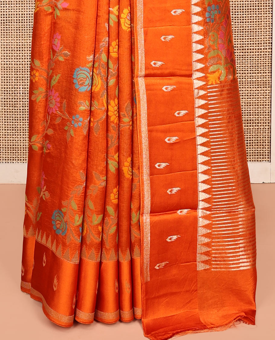 Orange Matka Silk Saree, Elevated with Meenakari Floral Vine All Over Its Body, Highlighted by Temple Border of Buttas, Pallu of Meenakari Floral Designs, and Paired with a Matching Blouse