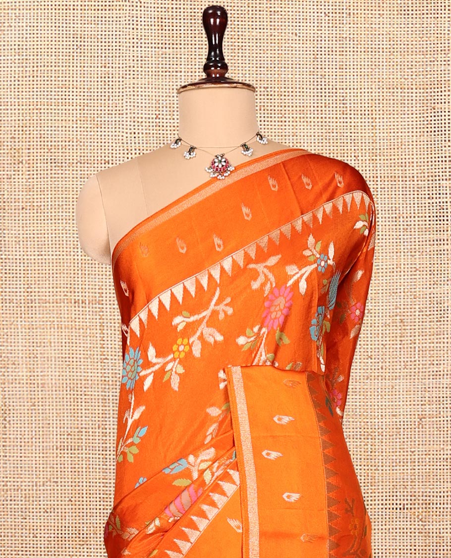 Orange Matka Silk Saree, Elevated with Meenakari Floral Vine All Over Its Body, Highlighted by Temple Border of Buttas, Pallu of Meenakari Floral Designs, and Paired with a Matching Blouse