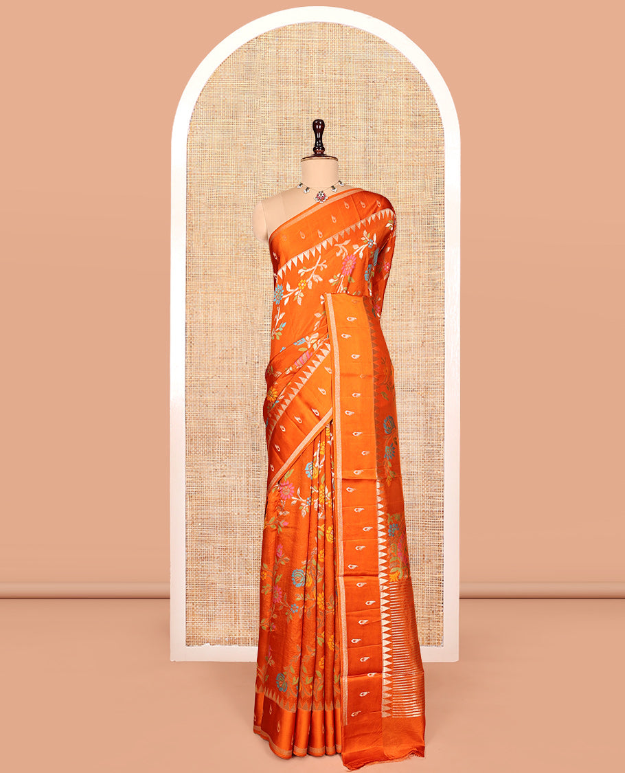 Orange Matka Silk Saree, Elevated with Meenakari Floral Vine All Over Its Body, Highlighted by Temple Border of Buttas, Pallu of Meenakari Floral Designs, and Paired with a Matching Blouse