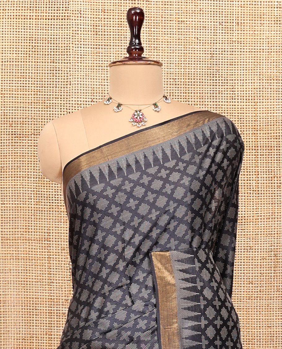 Black Tussar Silk Saree, Accentuated with Buttas, a Subtle Zari Temple Border, a Self-Pallu, and a Matching Blouse