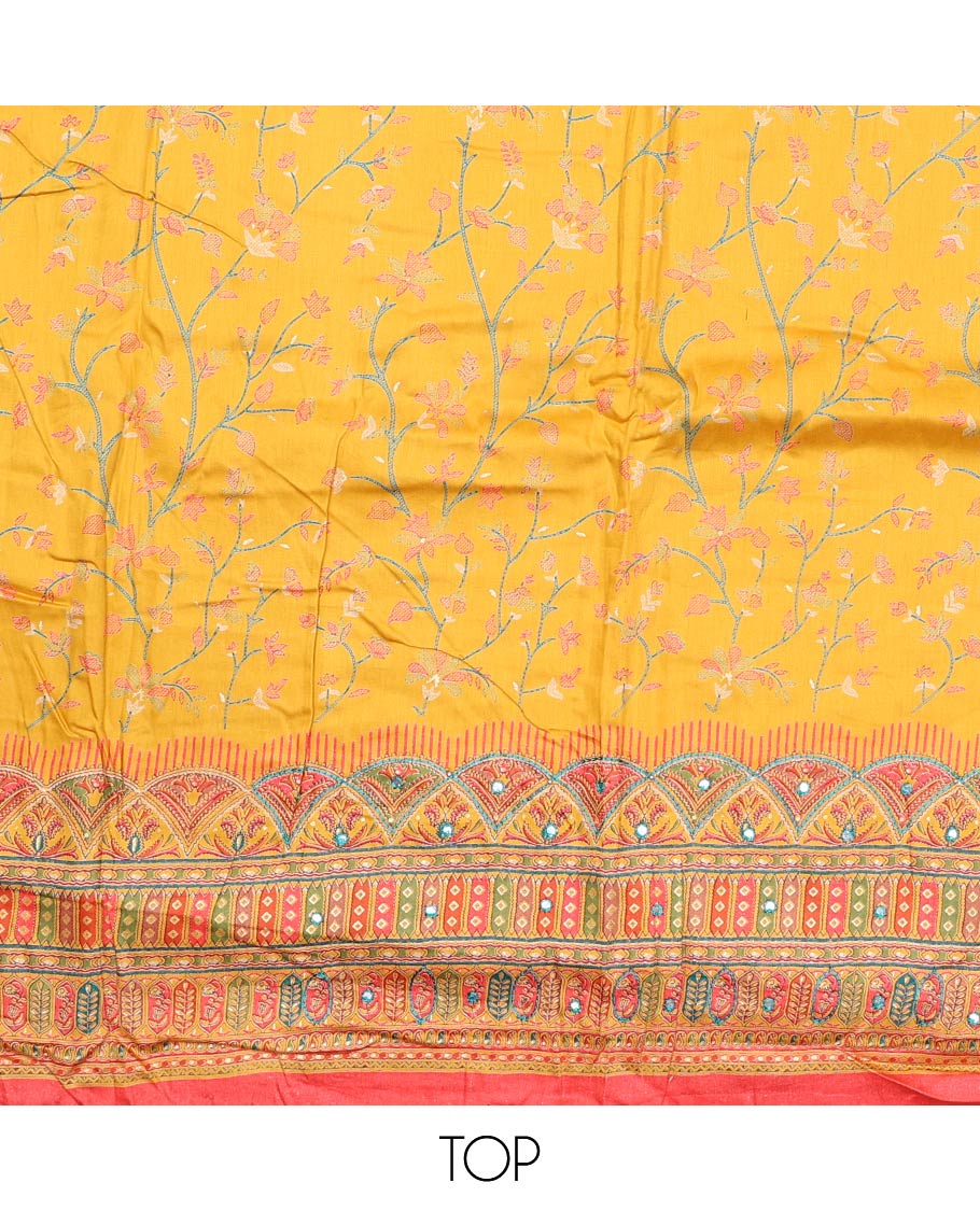 Yellow material churidar set, floral and kaleidoscopic geometric patterned rayon top, plain bottom, and dupatta of floral and geometric patterns