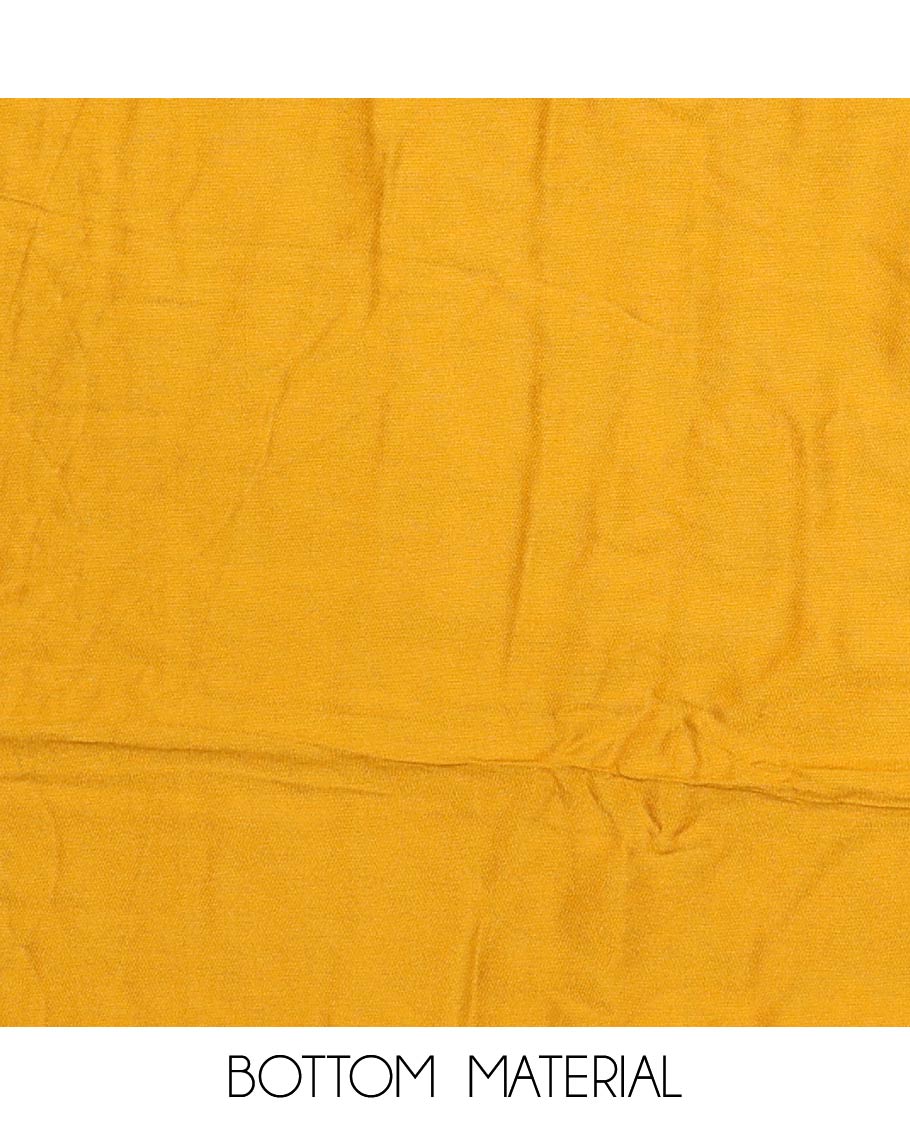 Yellow material churidar set, floral and kaleidoscopic geometric patterned rayon top, plain bottom, and dupatta of floral and geometric patterns