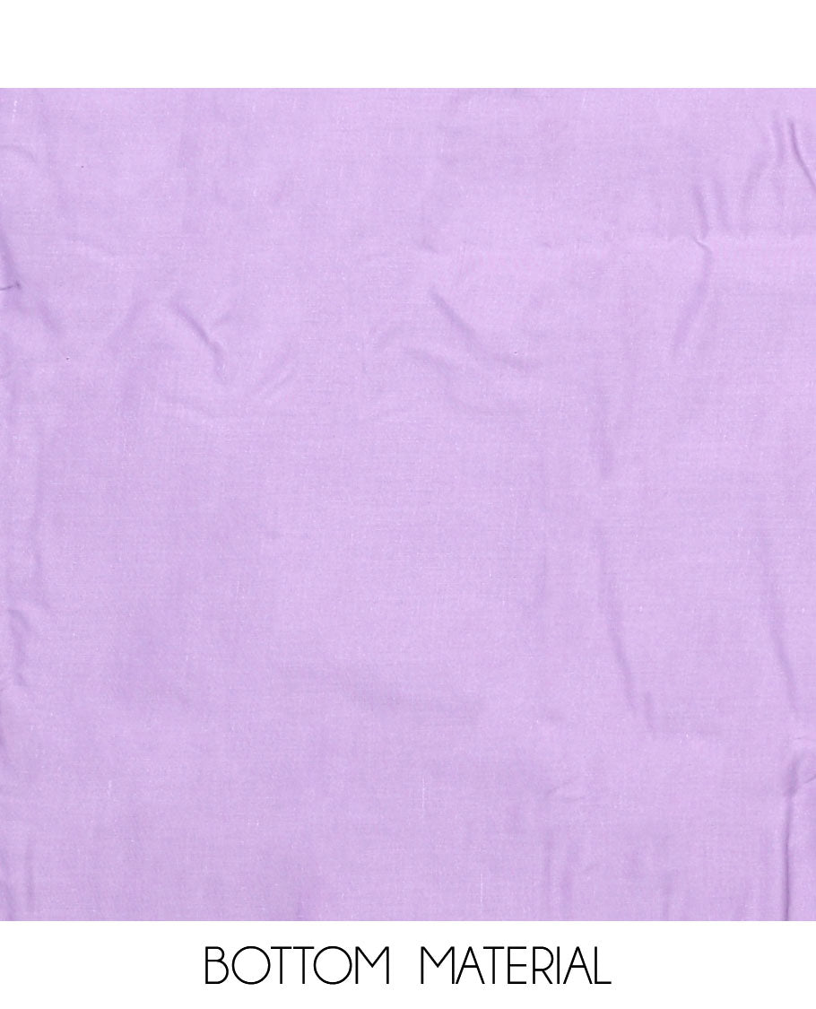 Lavender material chudidar set, floral silhouette print and neck embroidered top, plain bottom, and floral jaal embroidered dupatta