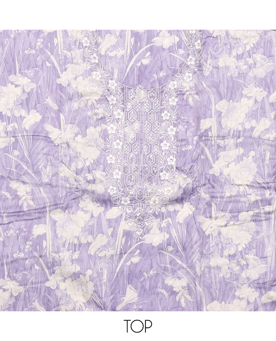 Lavender material chudidar set, floral silhouette print and neck embroidered top, plain bottom, and floral jaal embroidered dupatta