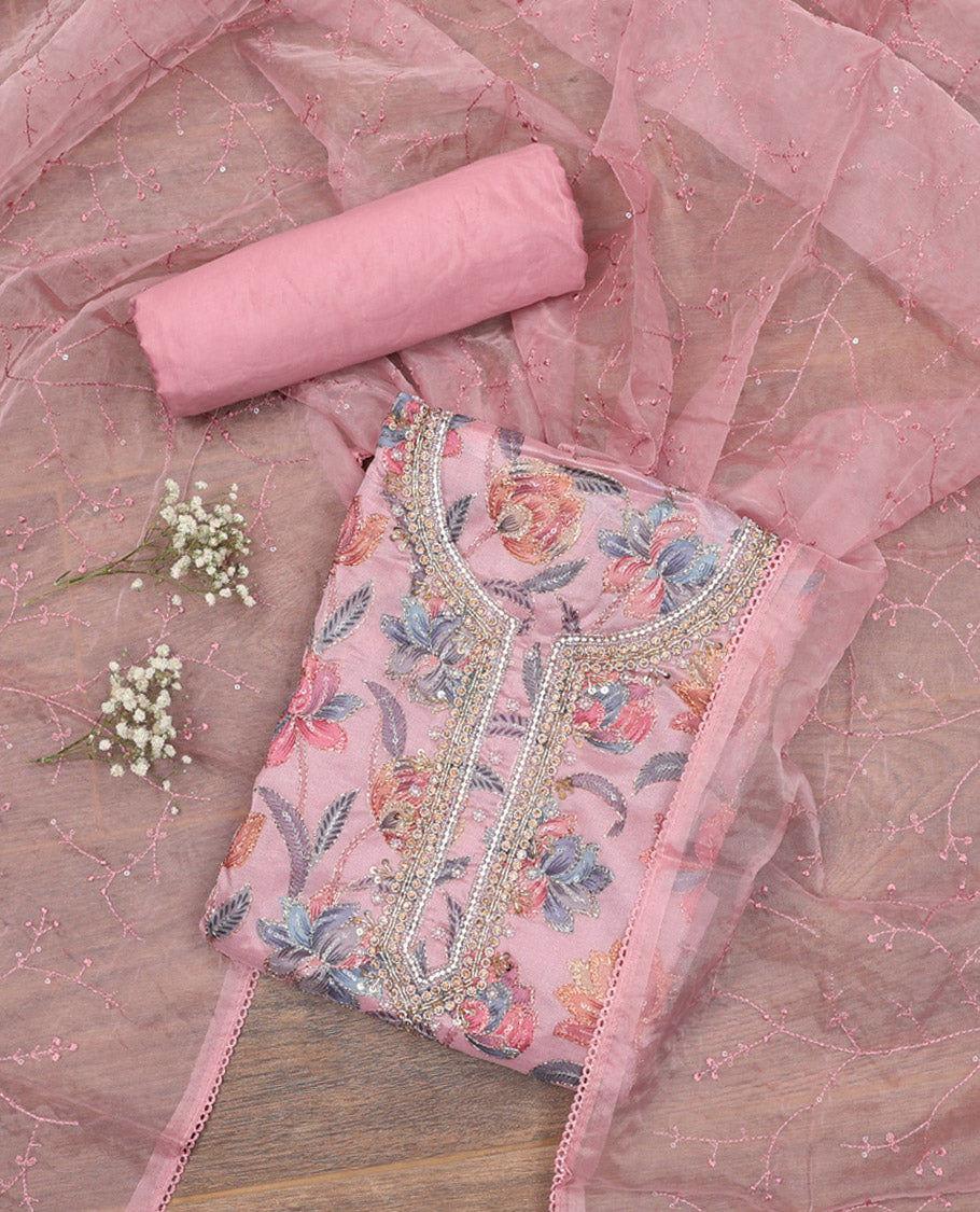 Pink Material Chudidar Set, Enriched with Floral Print, and Outline Embroidery on Organza Top, a Plain Santoon Bottom, and Paired with a Floral Vine Sequins Embroidered Organza Dupatta