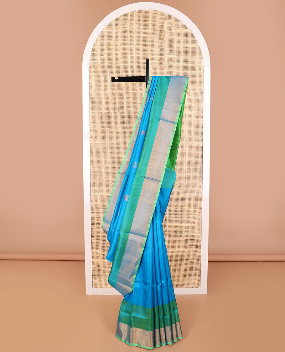 Blue floral motifs uppada saree with contrast zari design border & striped, floral design pallu