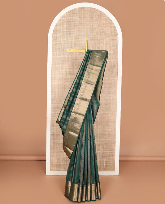 Green zari design silk saree, zari border of thilakam mokku,kodi visiry,mayil & then kuli kann & jaal pallu