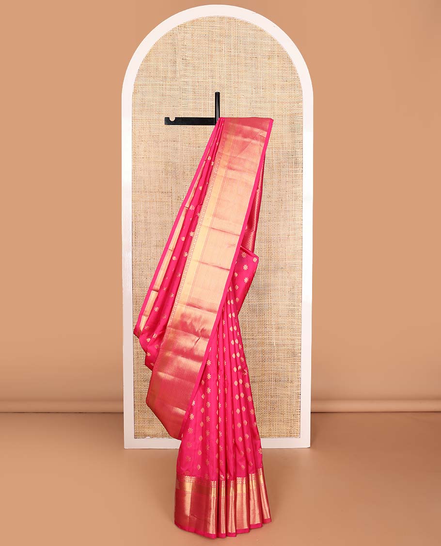 Pink zari buttas Vasundhara silk mix saree, traditional zari design border, and jaal pallu