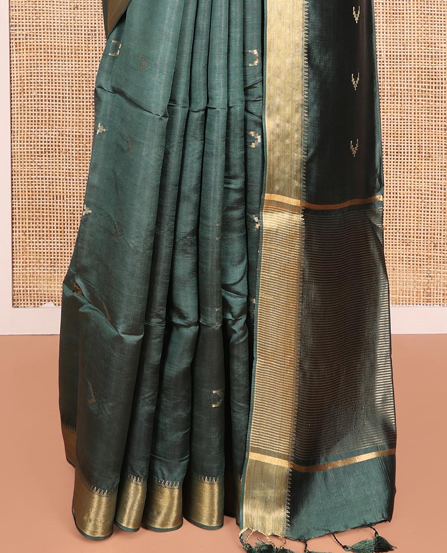 Green Banana Pith Saree Decorated with Zari Temple Buttas, Delicately Woven Temple Zari Border, Gleaming Zari Pallu of Horizontal Stripes in Zari, and Paired with a Matching Plain Blouse
