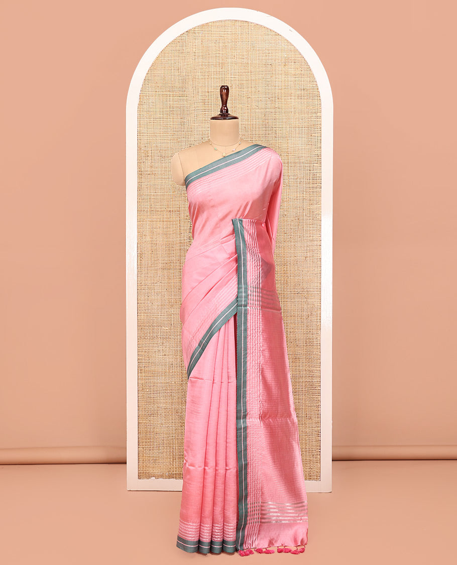 Pink Plain Banana Pith Saree, Subtle Contrast Striped Border, Pallu Steeped with Stripes, and Paired with a Matching Blouse