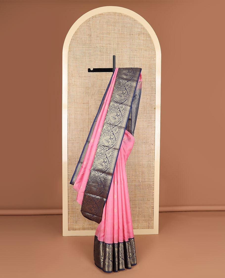 Light pink striped, floral design silk saree with contrast floral design border & floral enclosed checked design pallu