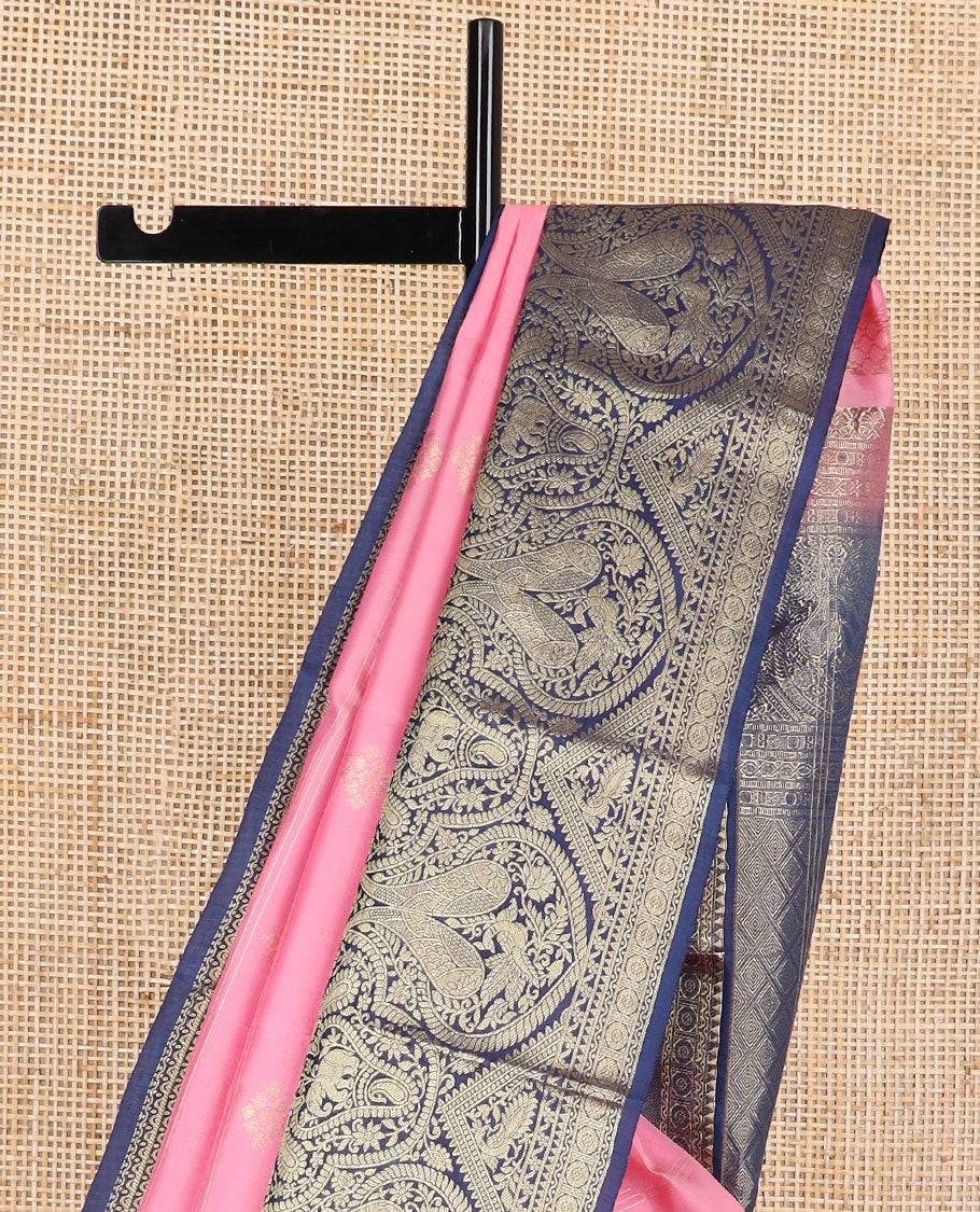 Light pink striped, floral design silk saree with contrast floral design border & floral enclosed checked design pallu