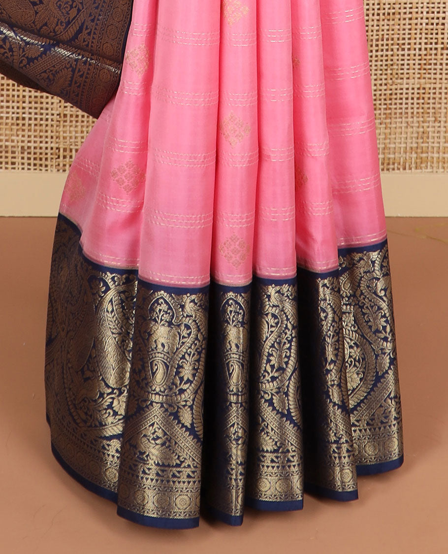 Light pink striped, floral design silk saree with contrast floral design border & floral enclosed checked design pallu
