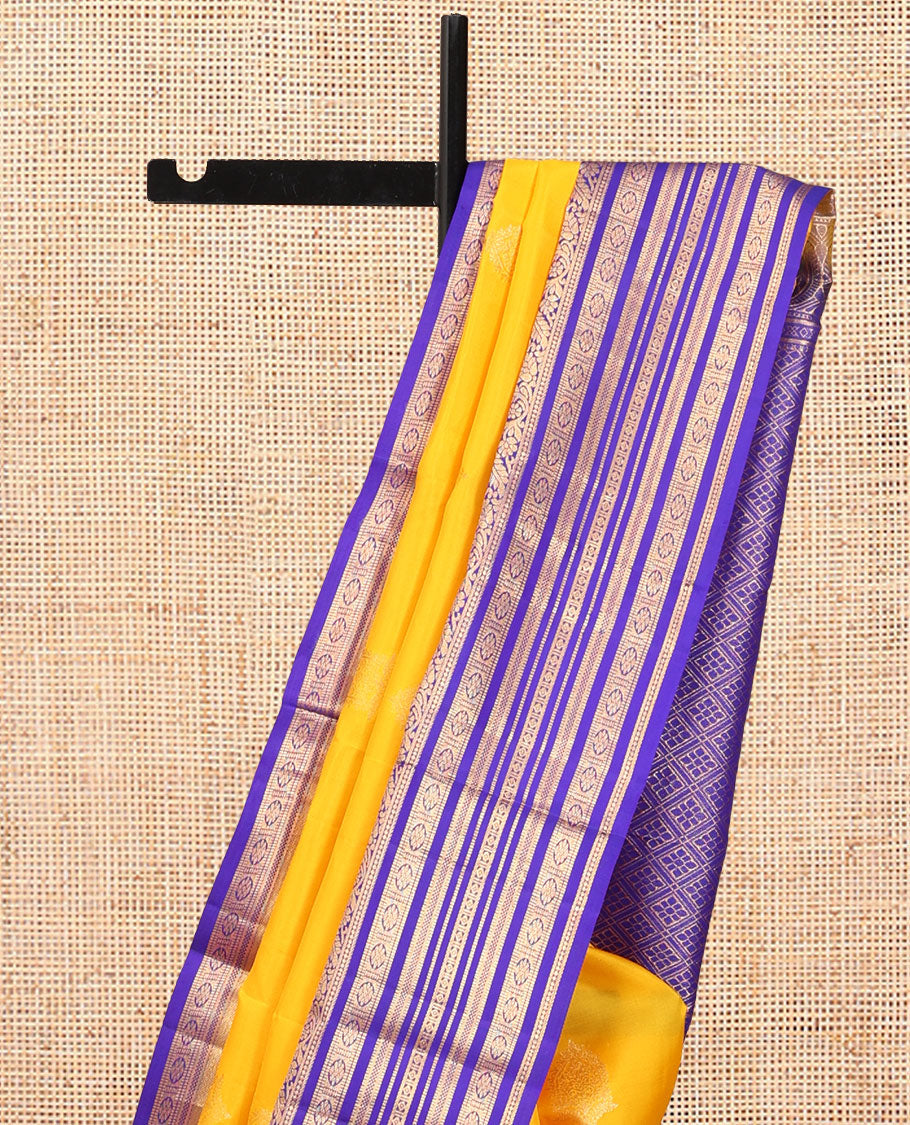Yellow Vasundhara Silk Saree, Subtly Woven with Zari Buttas, a Contrast Border of Kodi Visiry, Muthu, and Kamalam Designs, Jaal Pallu, and a Contrast Blouse