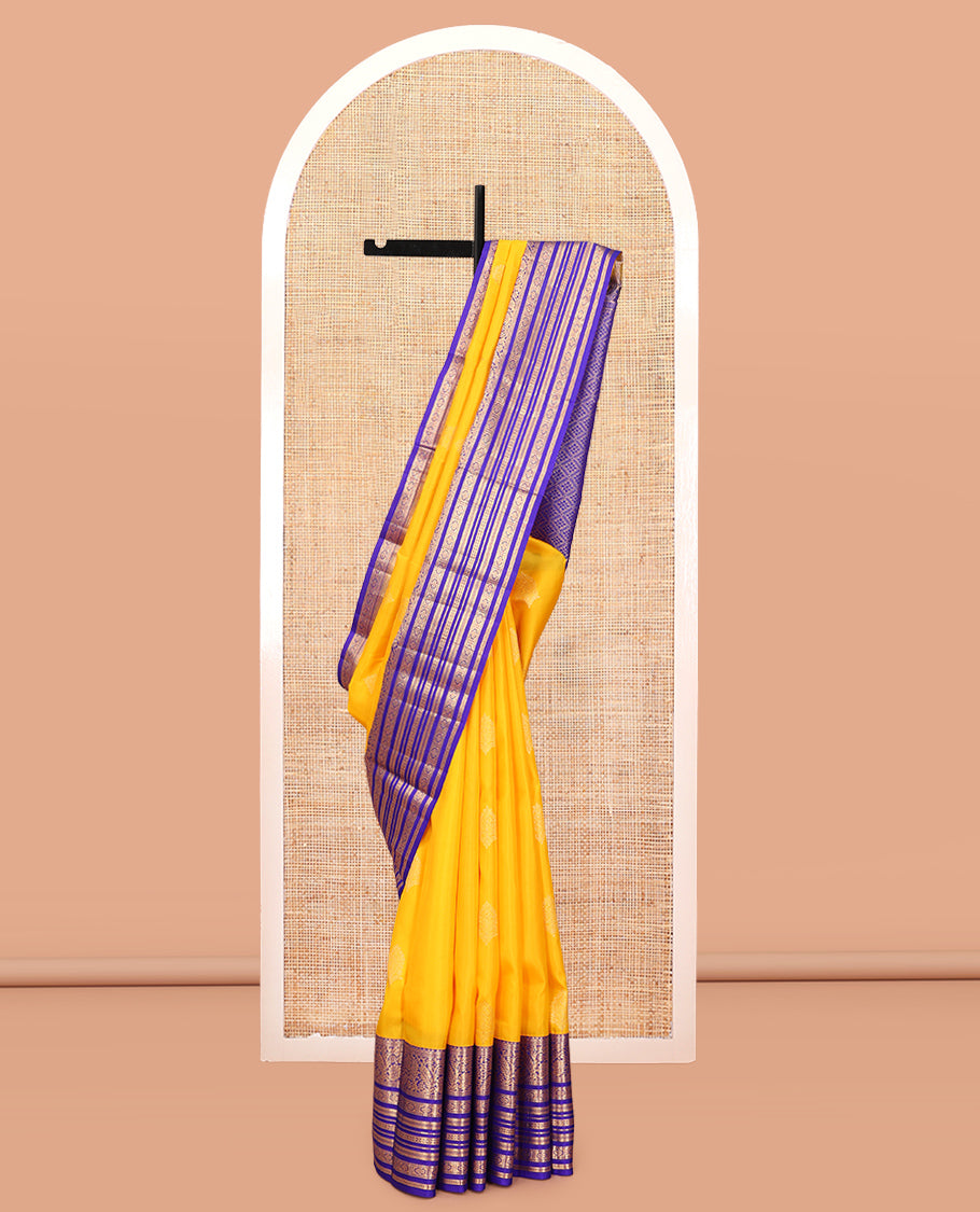Yellow Vasundhara Silk Saree, Subtly Woven with Zari Buttas, a Contrast Border of Kodi Visiry, Muthu, and Kamalam Designs, Jaal Pallu, and a Contrast Blouse