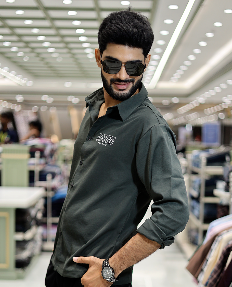 Green Poly-Blended Back Flap Casual Shirt