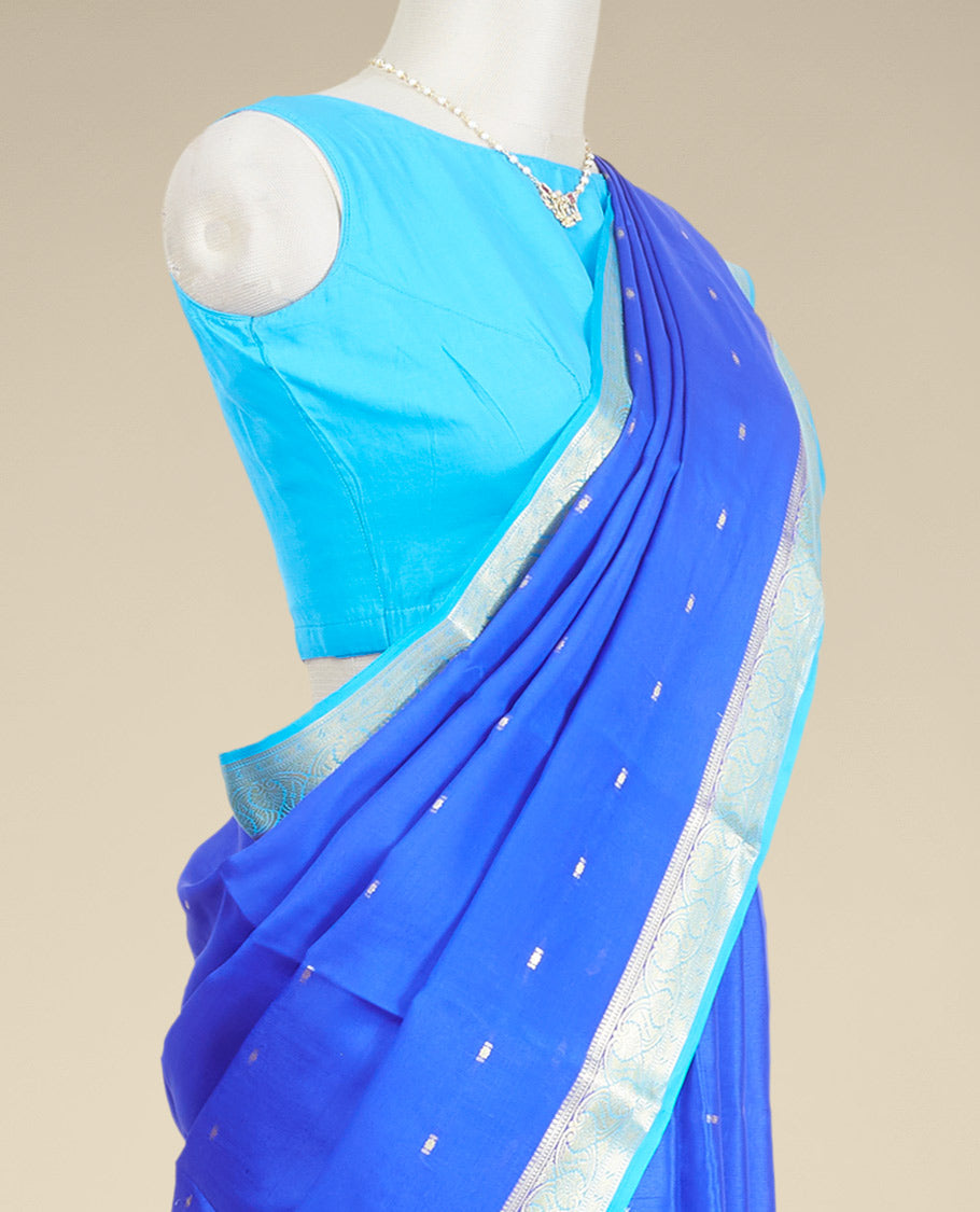 Blue buttas mysore silk saree with contrast floral zari design border