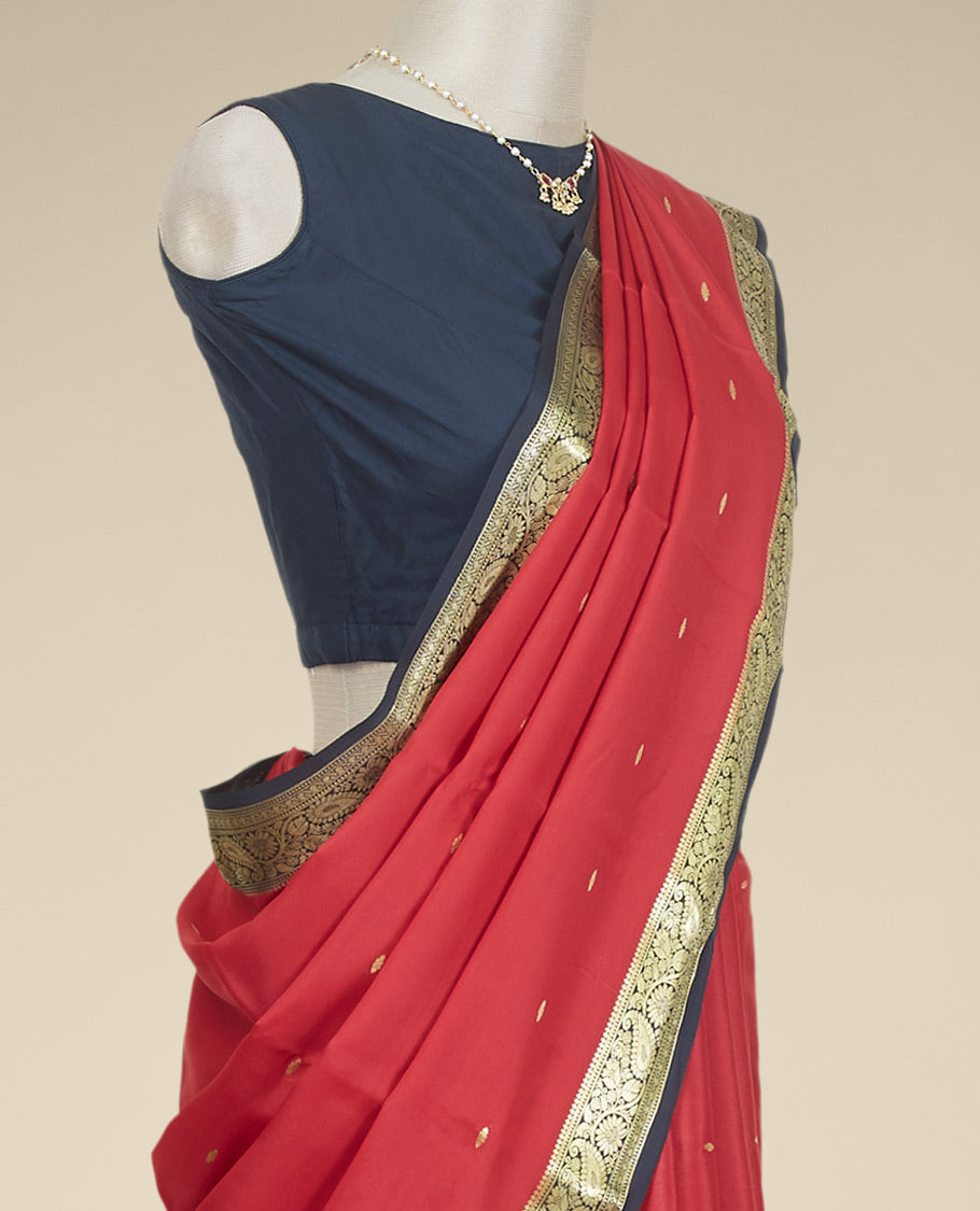 Red buttas mysore silk saree with contrast floral zari design border
