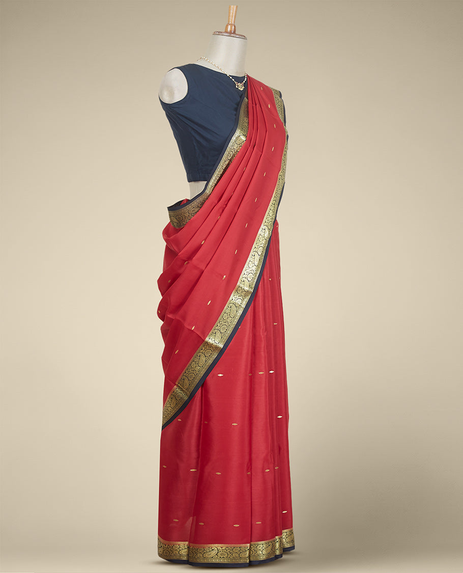 Red buttas mysore silk saree with contrast floral zari design border