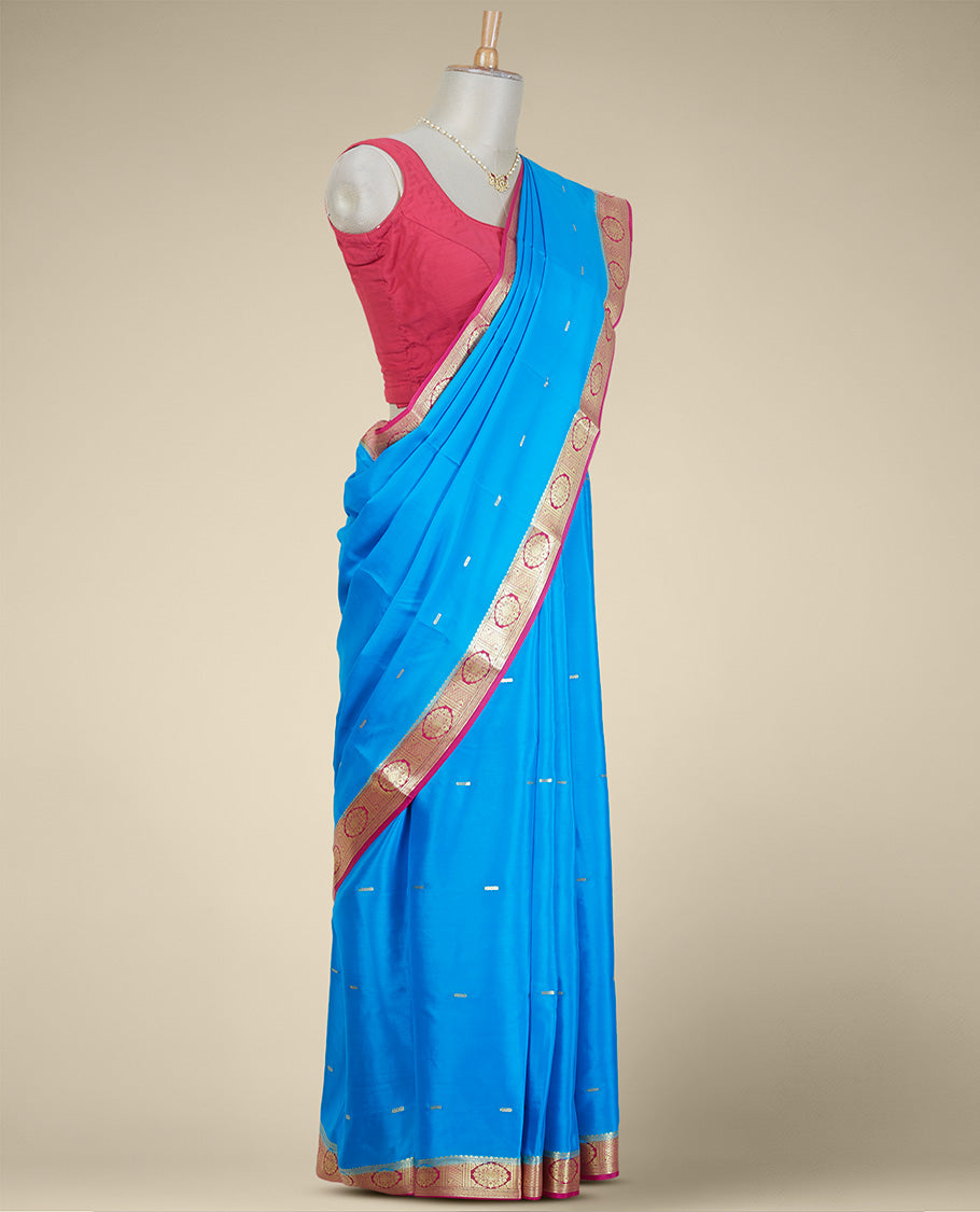 Blue buttas mysore silk saree with contrast floral design border