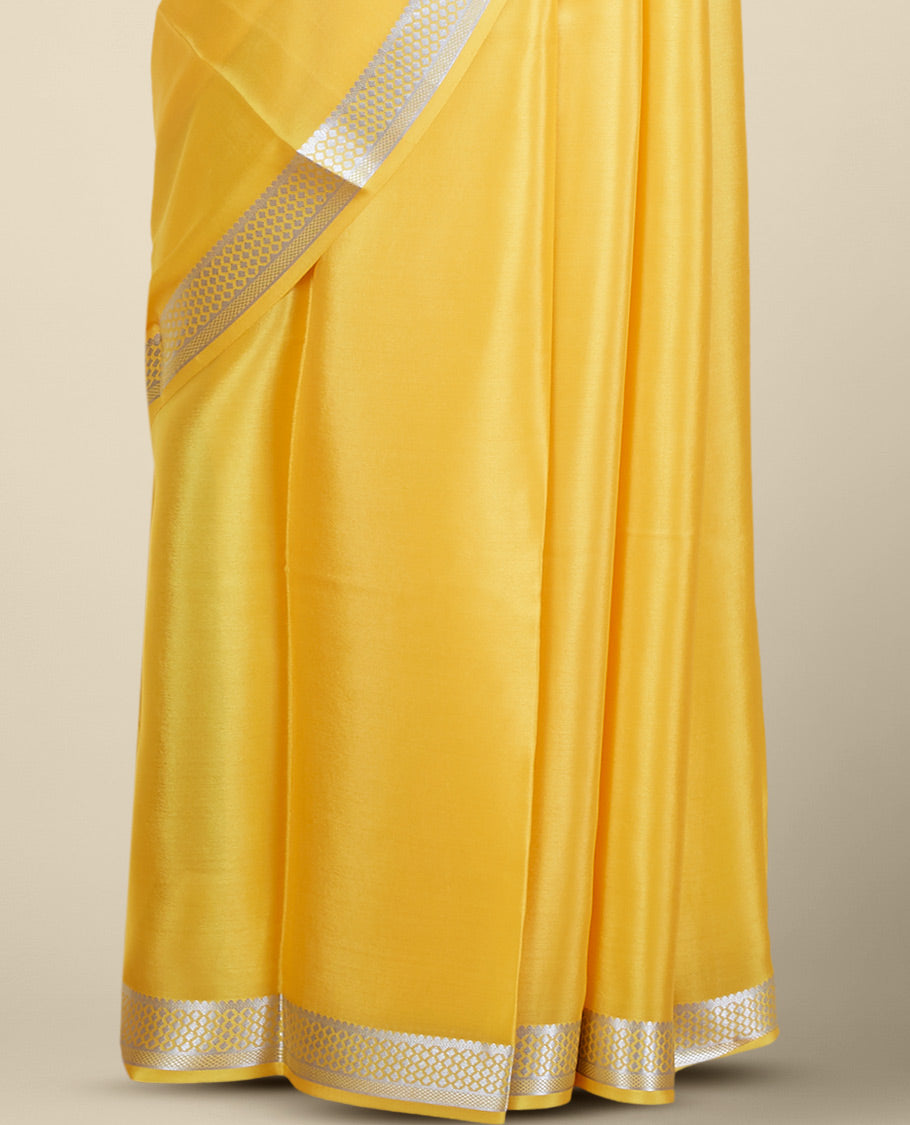 Yellow mysore silk saree with contrast floral zari design border