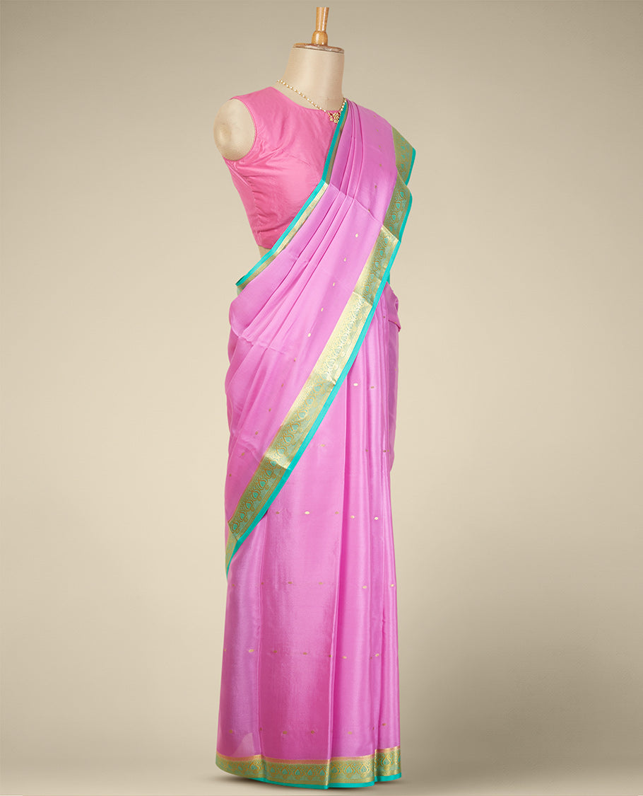 Pink buttas mysore silk saree with contrast floral zari design border